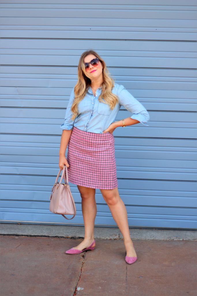 how to wear pink - J.Crew mini skirt - Prada Saffriano