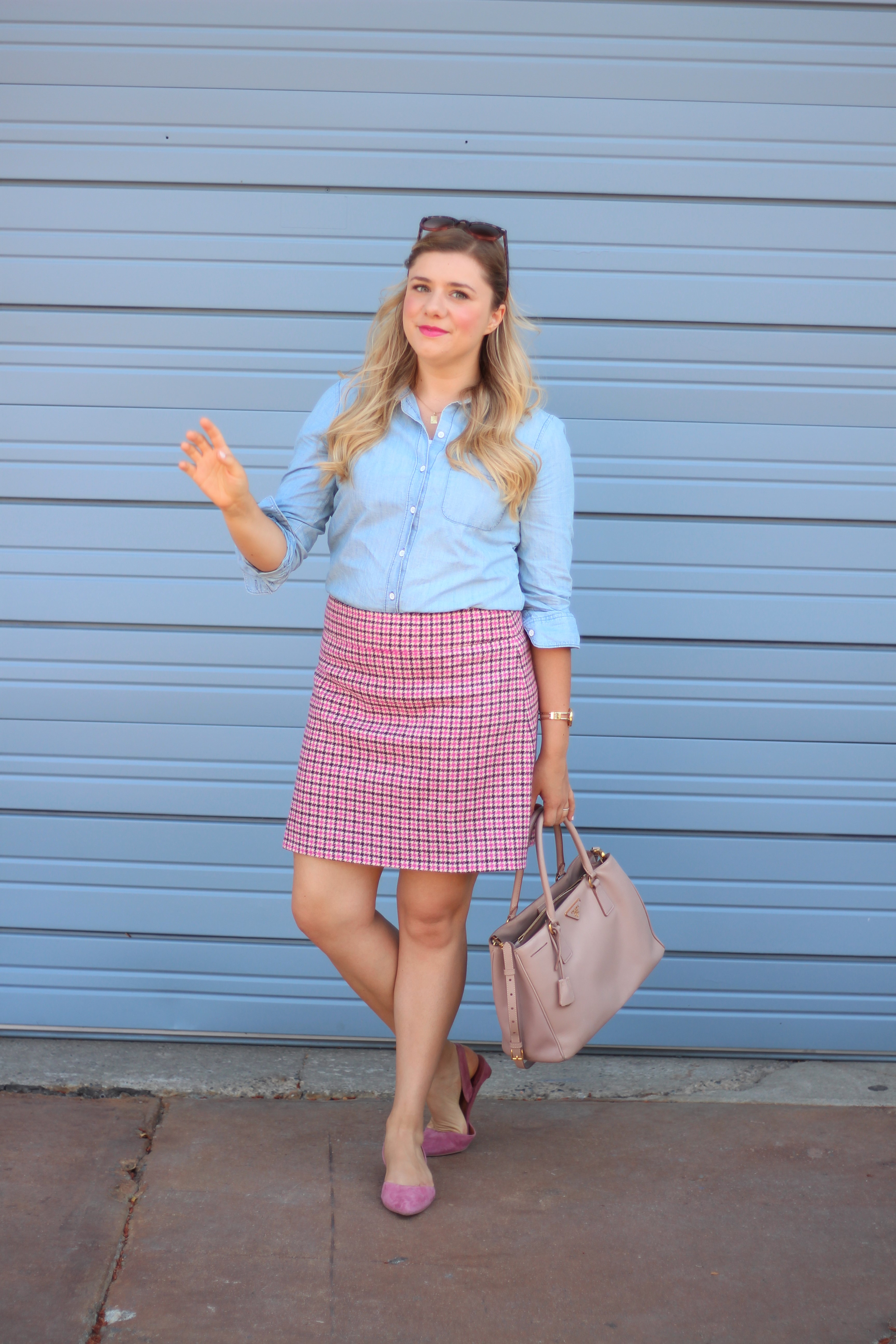 how to wear pink - J.Crew mini skirt - Prada Saffiano