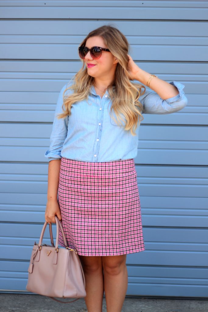 how to wear pink - J.Crew mini skirt - Prada Saffiano