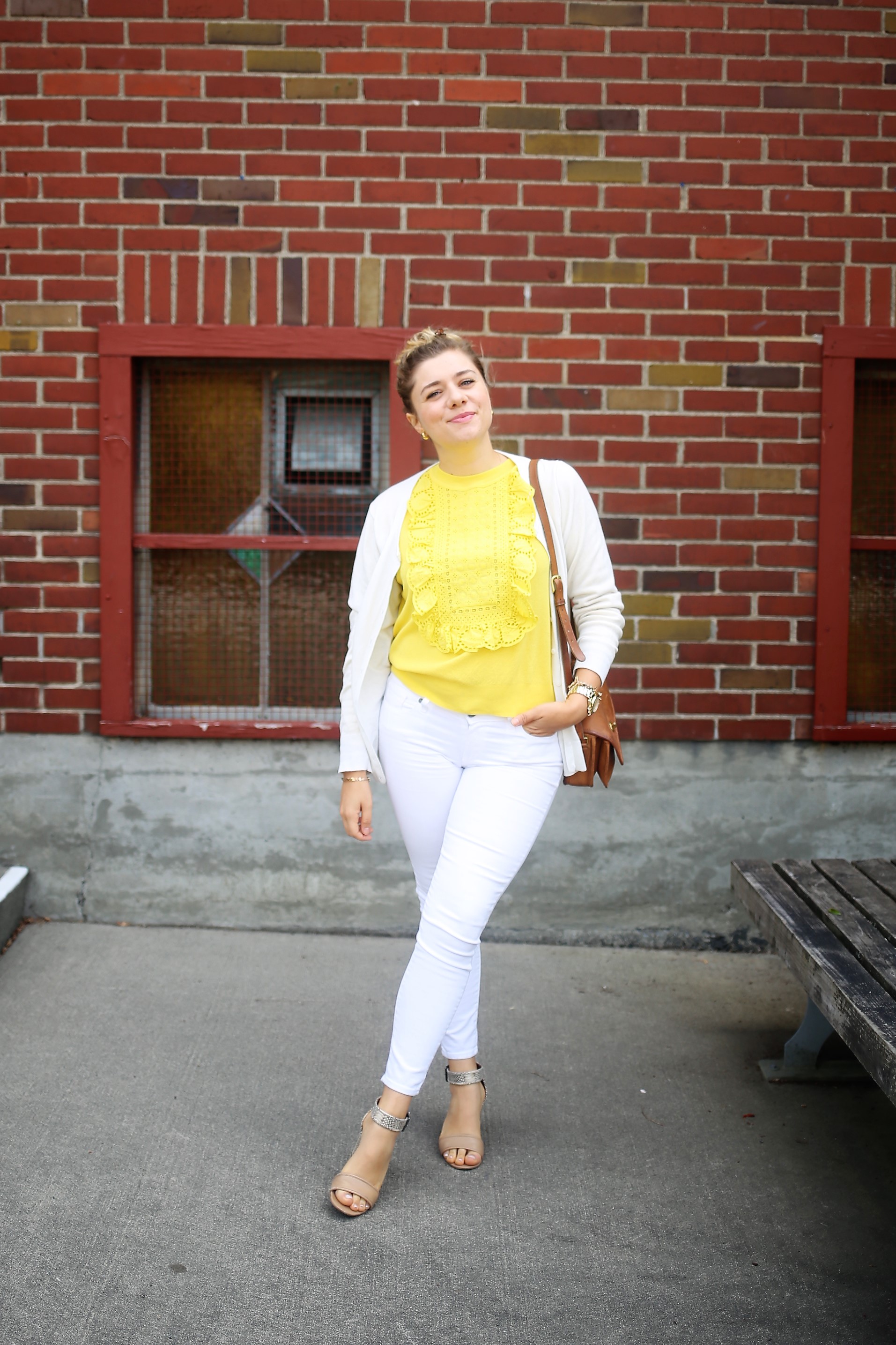 how to wear white jeans with confidence - paige denim verdugo ankle - J.Crew ruffle sweate