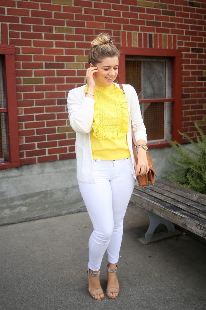 how to wear white jeans with confidence - paige denim verdugo ankle - J.Crew ruffle sweater