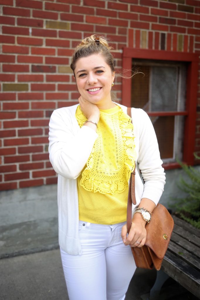 how to wear white jeans with confidence - paige denim verdugo ankle - J.Crew ruffle sweater