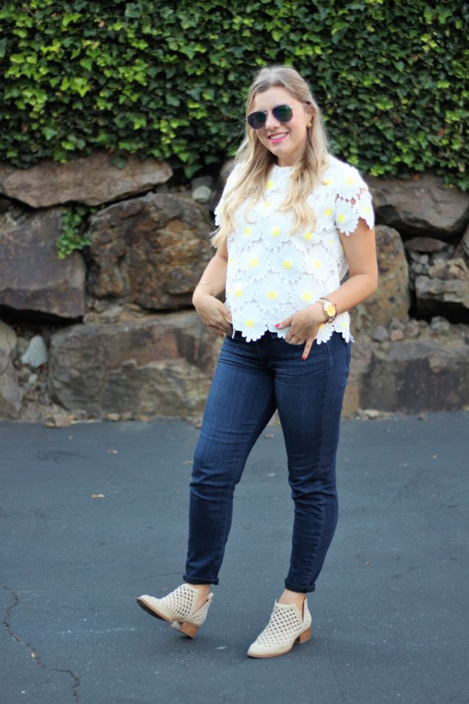 rachel parcell daisy top - northwest blonde - why I don't wear jeans - jeffrey campbell ankle boots