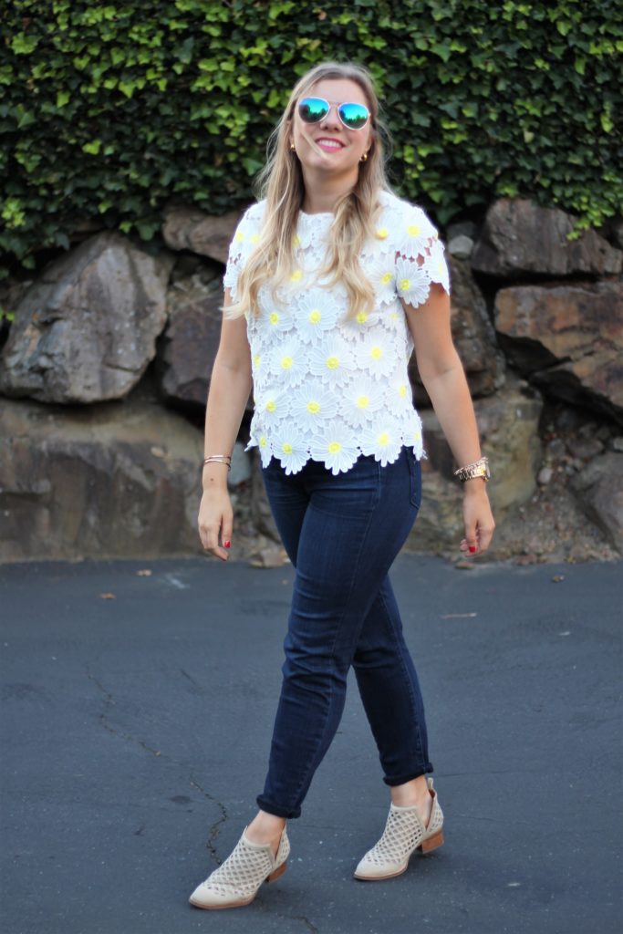 rachel parcell daisy top - northwest blonde - why I don't wear jeans - jeffrey campbell ankle boots