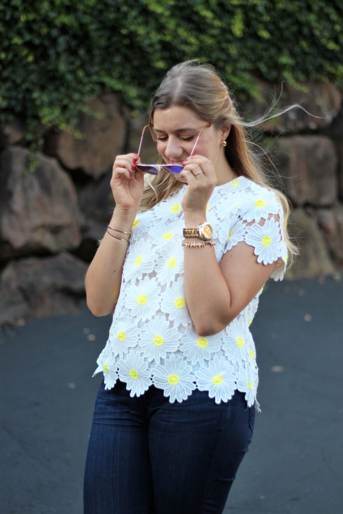 rachel parcell daisy top - northwest blonde - why I don't wear jeans - jeffrey campbell ankle boots