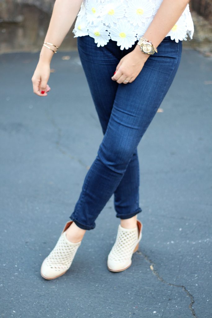 rachel parcell daisy top - northwest blonde - why I don't wear jeans - jeffrey campbell ankle boots