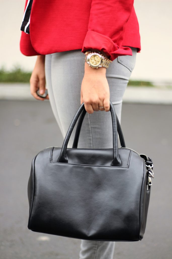 red blazer - grey jeans - chanel cap toe flat