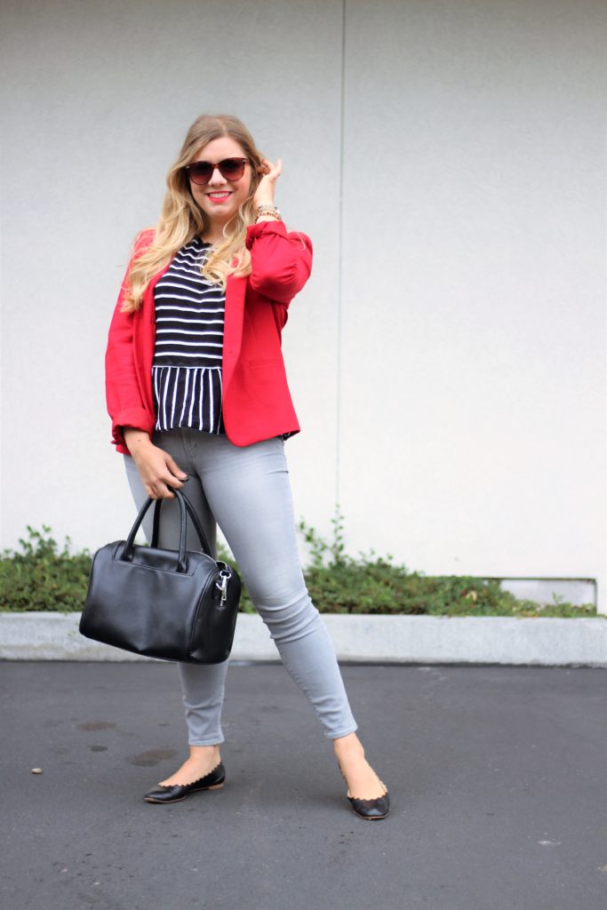 red blazer - grey jeans - chanel cap toe flat