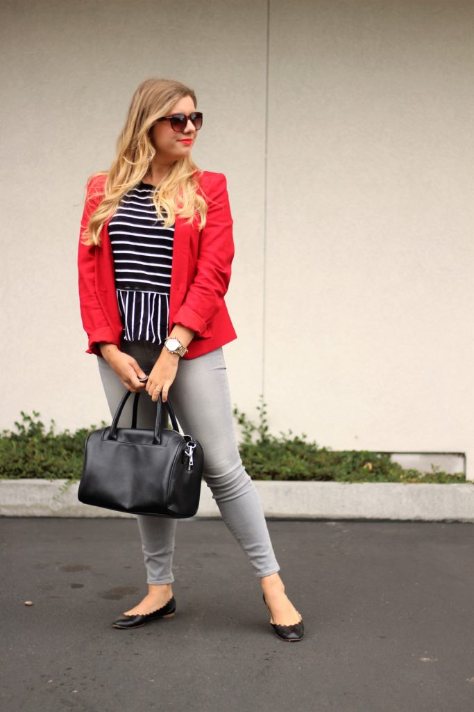 red blazer - grey jeans - chanel cap toe flat