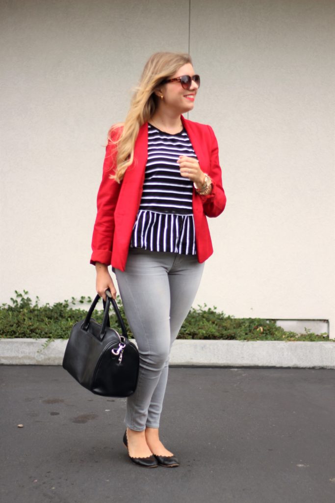 red blazer - grey jeans - chanel cap toe flat