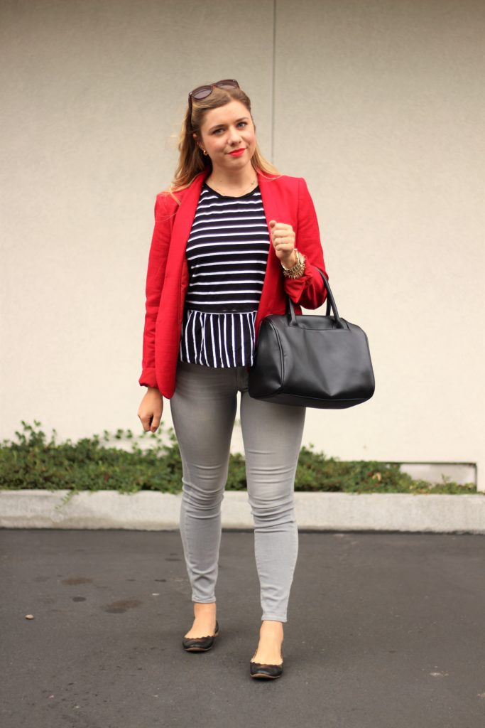 red blazer - grey jeans - chanel cap toe flat