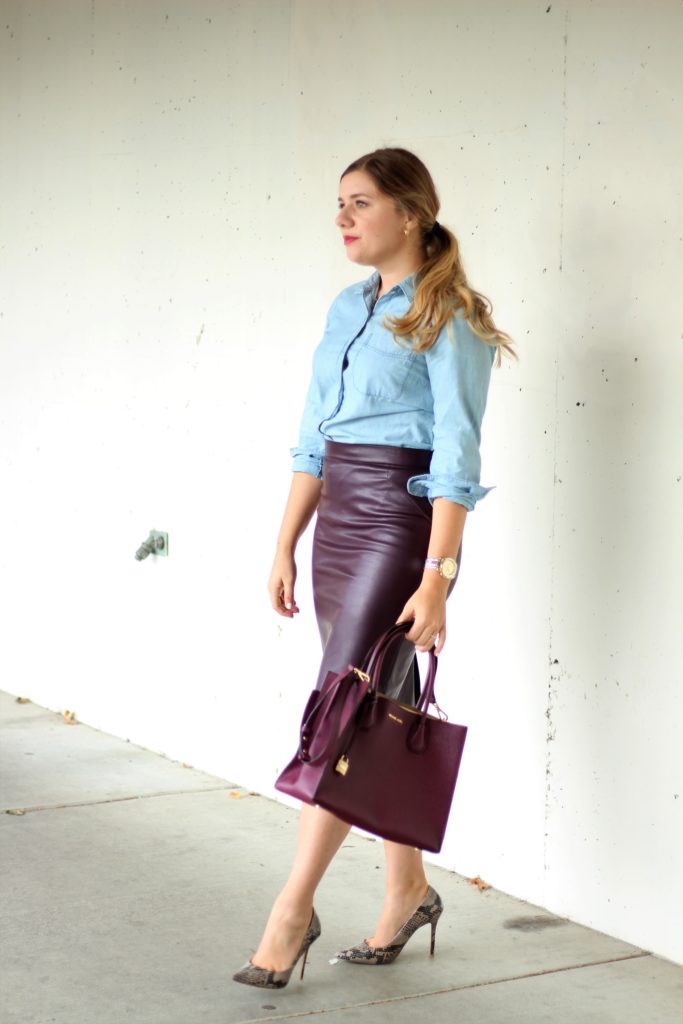 cute office outfit - leather skirt for work - how to wear chambray to work - 20 something work wear