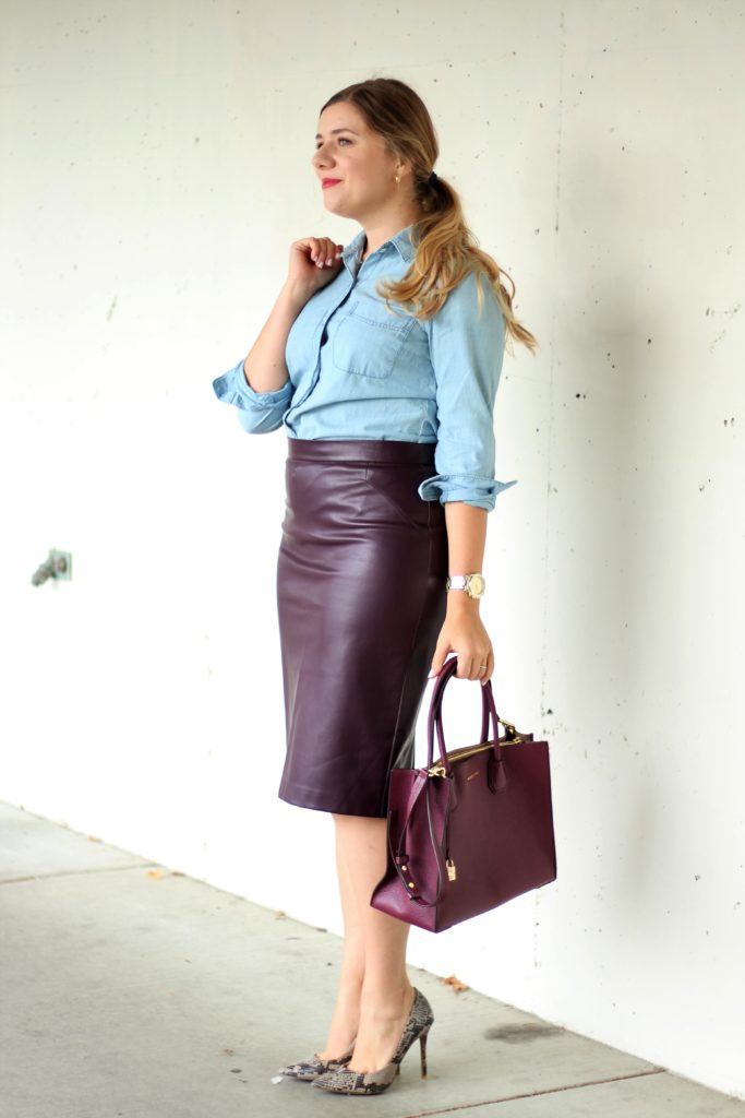 cute office outfit - leather skirt for work - how to wear chambray to work - 20 something work wear