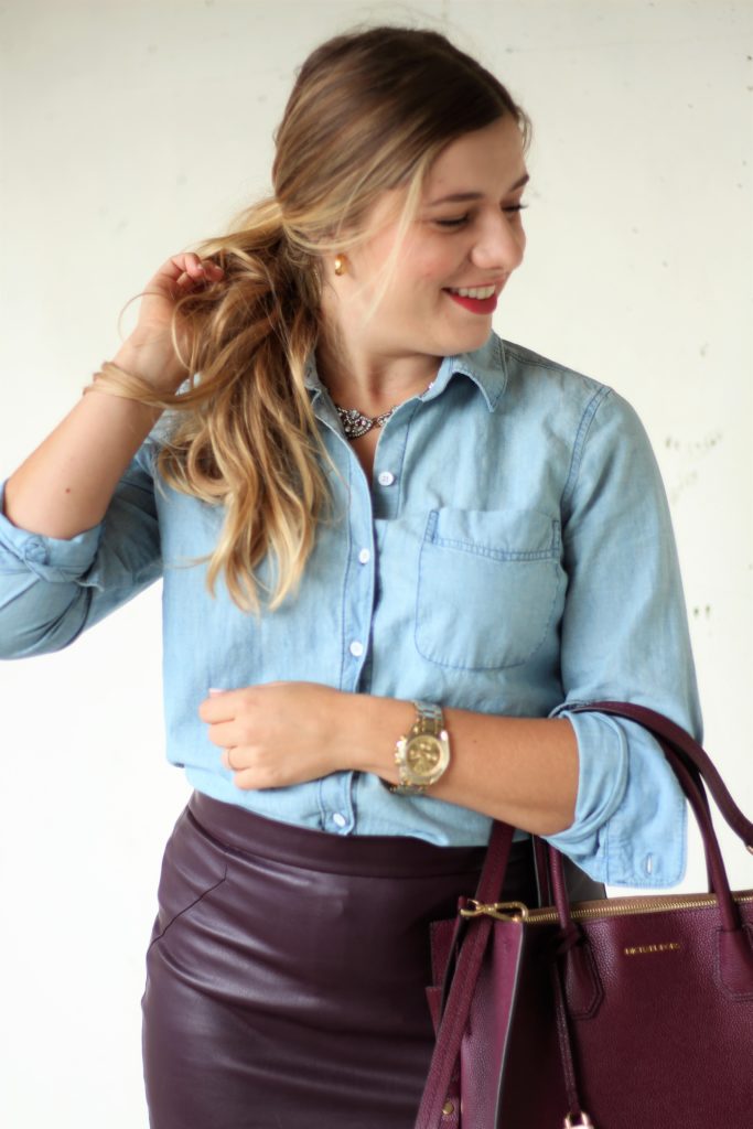 cute office outfit - leather skirt for work - how to wear chambray to work - 20 something work wear