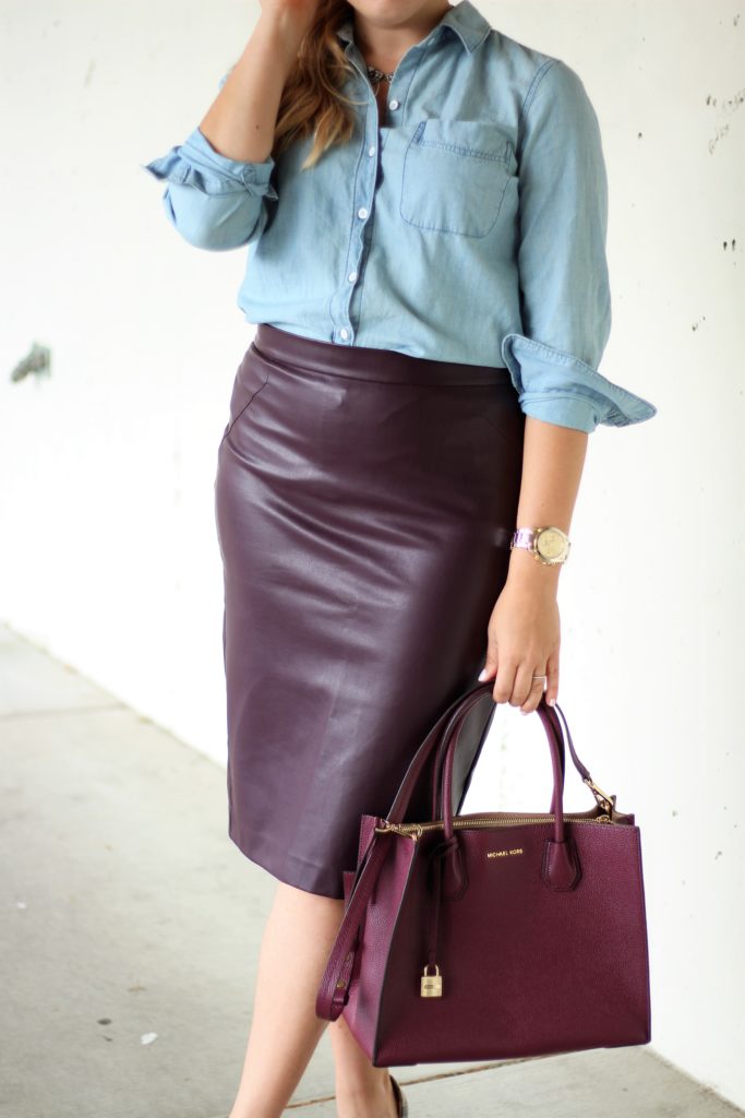 cute office outfit - leather skirt for work - how to wear chambray to work - 20 something work wear