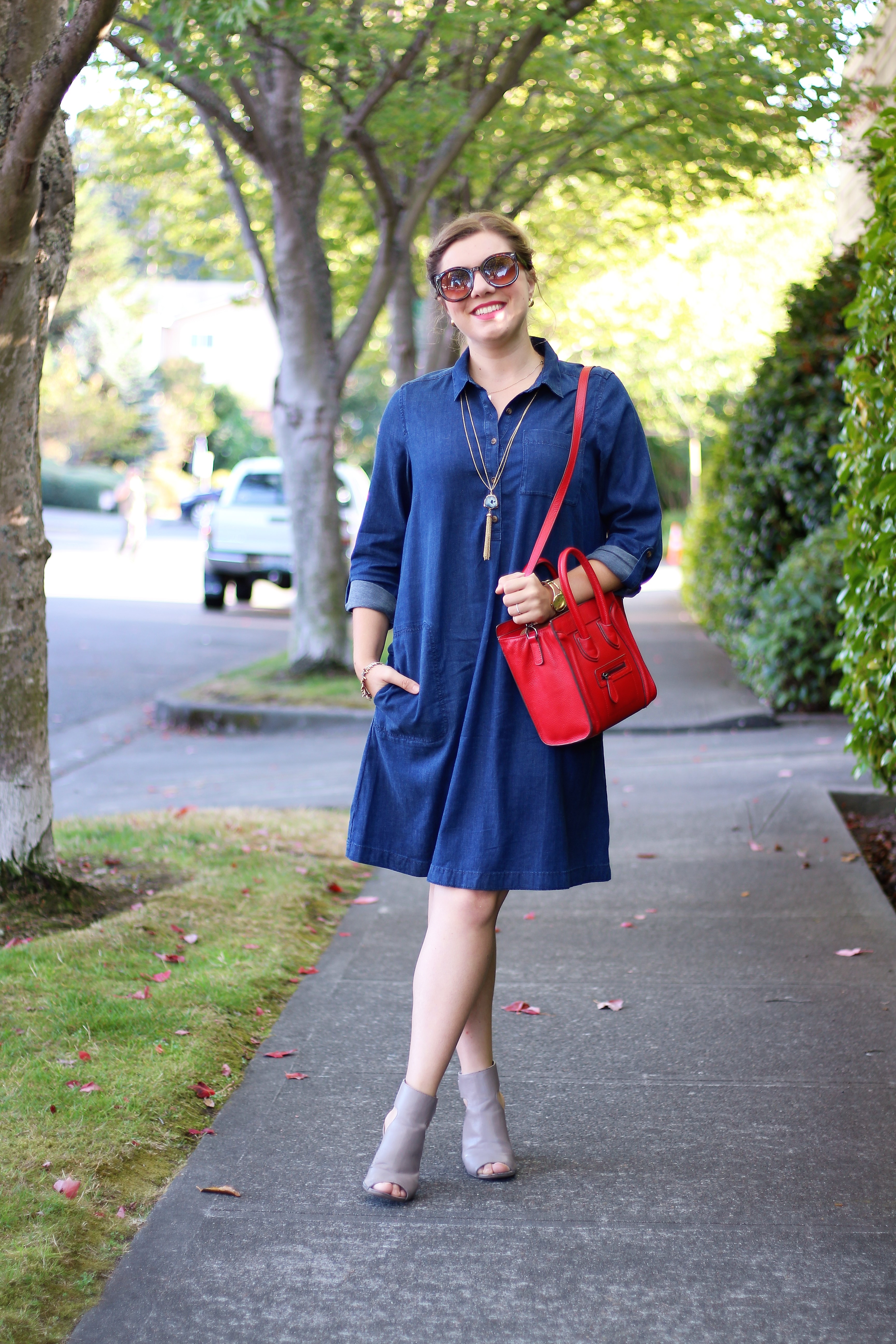  denim dress - chambray dress - vince addie - easy fall outfit 3 -  Northwest Blonde