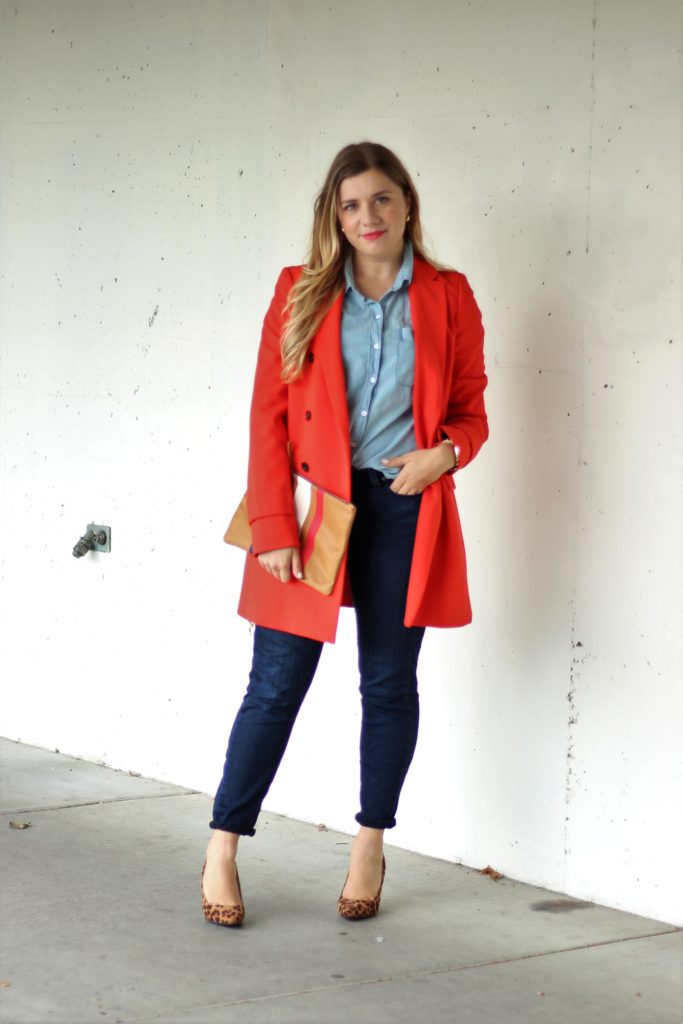 red statement coat - fall fashion - chic fall outfit - easy fall style - leopard print heels for fall 