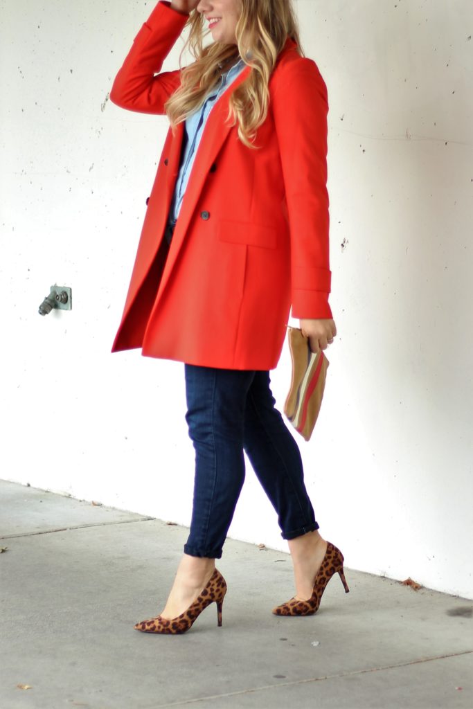 red statement coat - fall fashion - chic fall outfit - easy fall style - leopard print heels for fall 