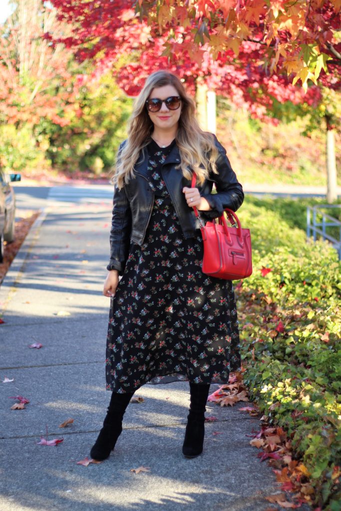 best stores for holiday shopping - wear floral in fall - the stockplace - red celine nano look alike - stuart weitzman higland - otk boots short girl- cute fall outfit - maxi dress in fall 