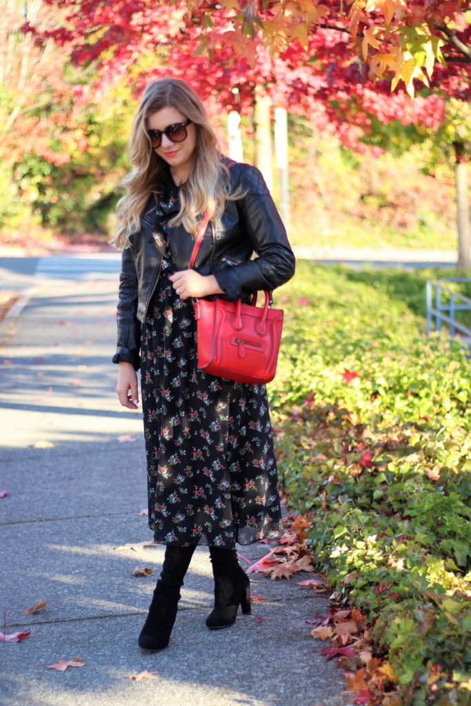 best stores for holiday shopping - wear floral in fall - the stockplace - red celine nano look alike - stuart weitzman higland - otk boots short girl- cute fall outfit - maxi dress in fall 