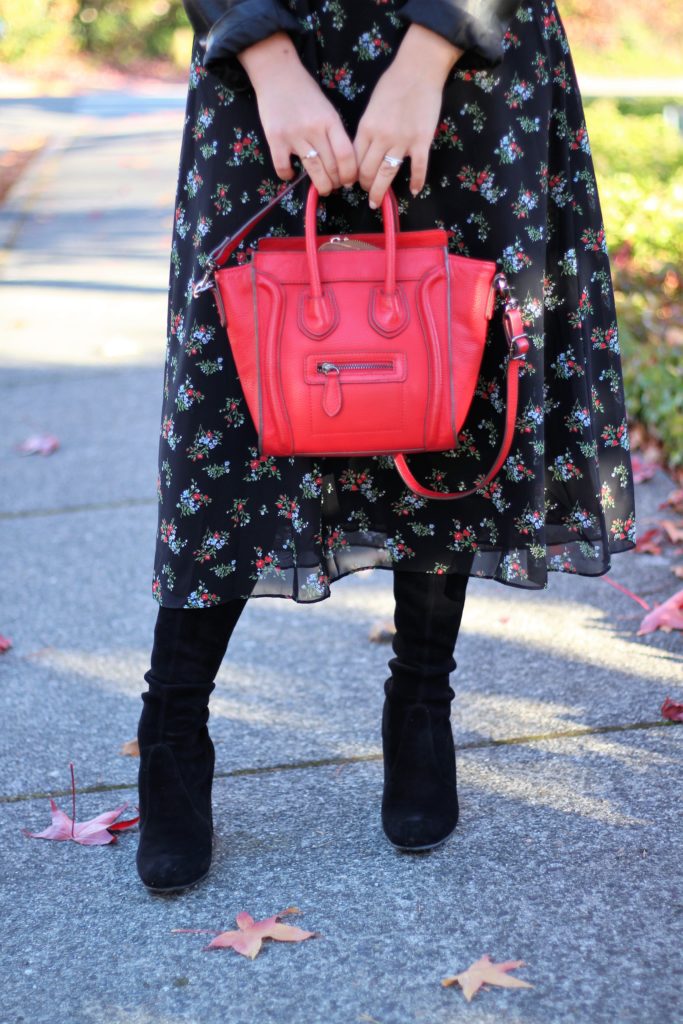 best stores for holiday shopping - wear floral in fall - the stockplace - red celine nano look alike - stuart weitzman higland - otk boots short girl- cute fall outfit - maxi dress in fall 