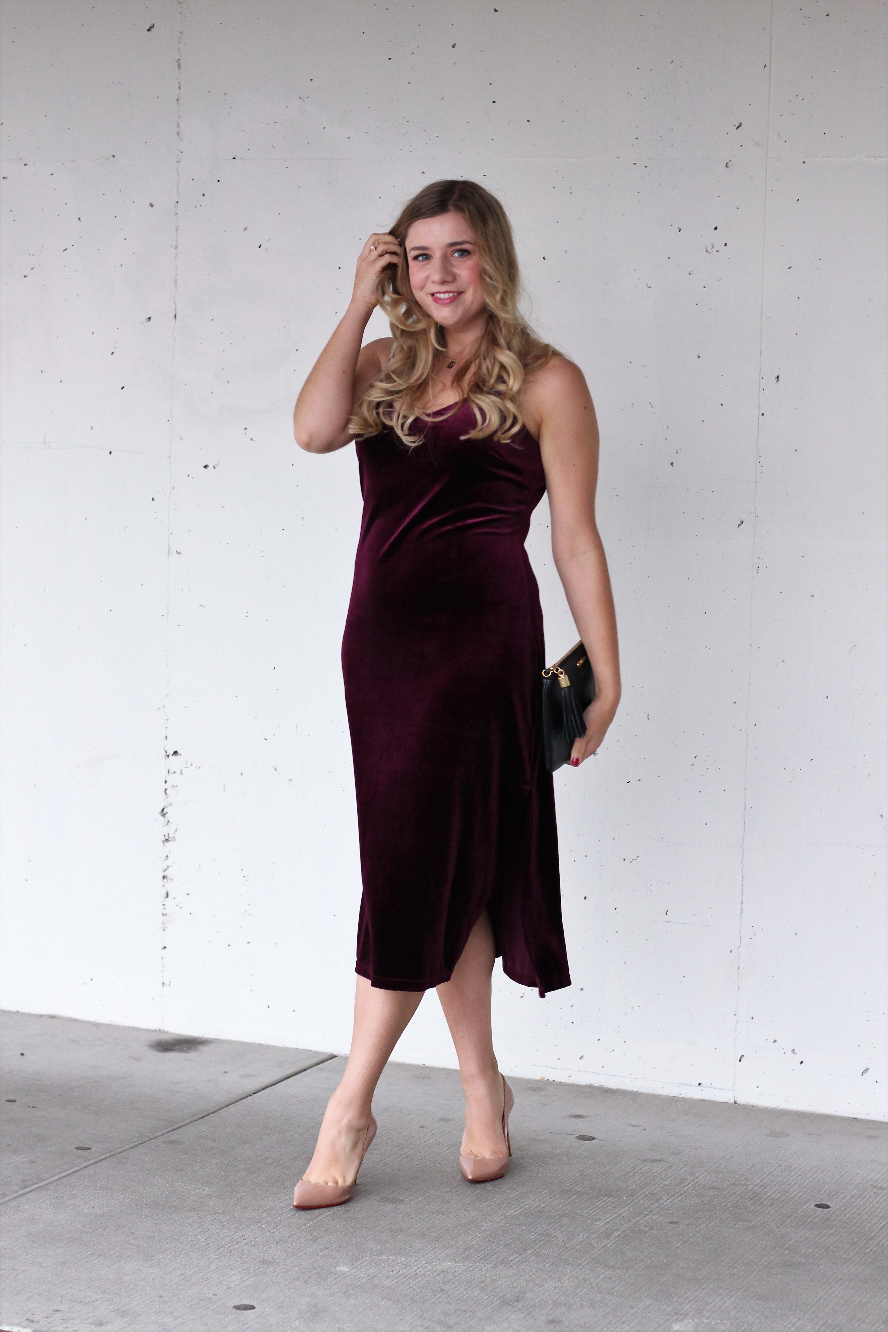 velvet slip dress - holiday party style - louboutin pumps