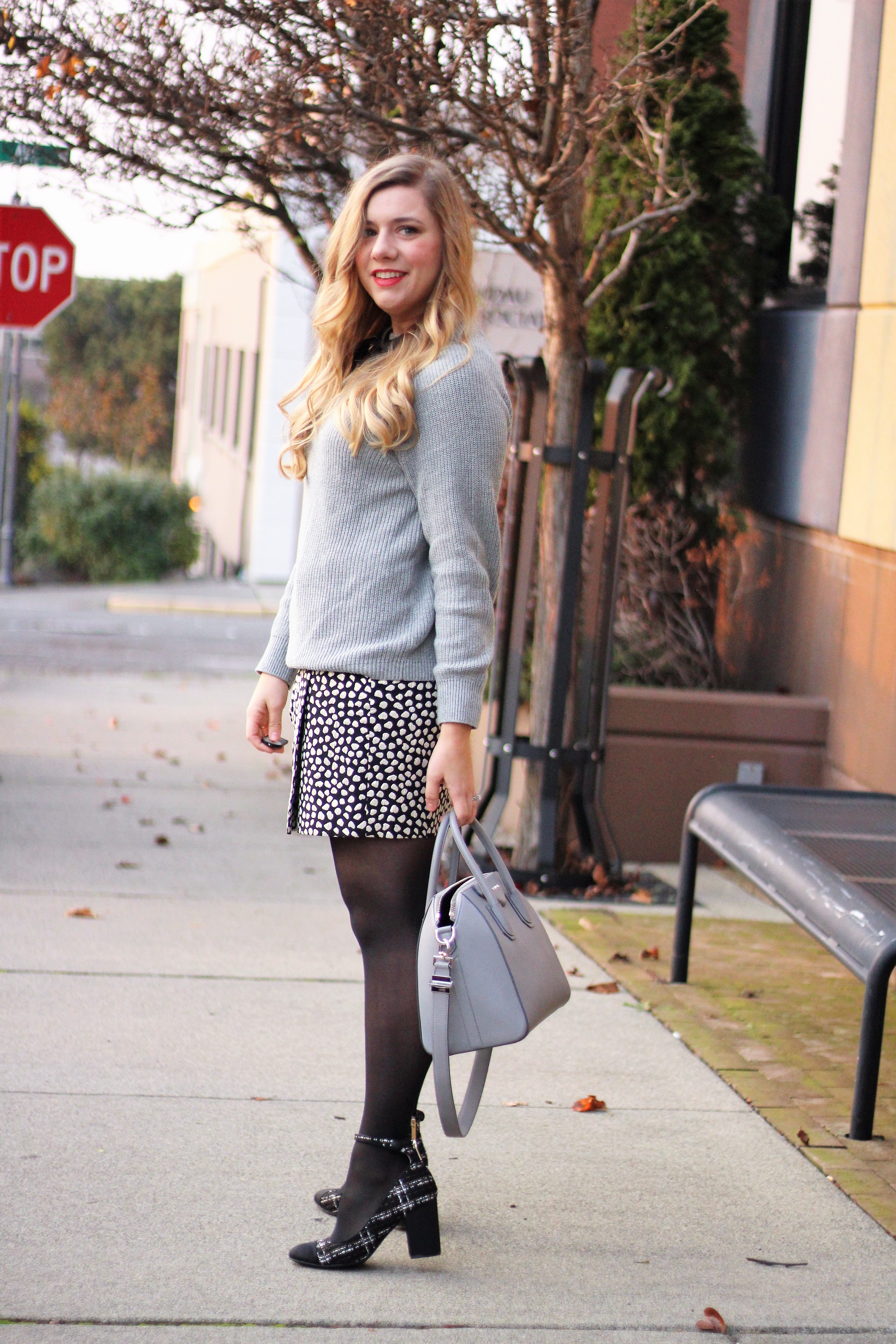 jcrew bow sweater - wearing silver for holidays - silver holiday outfit