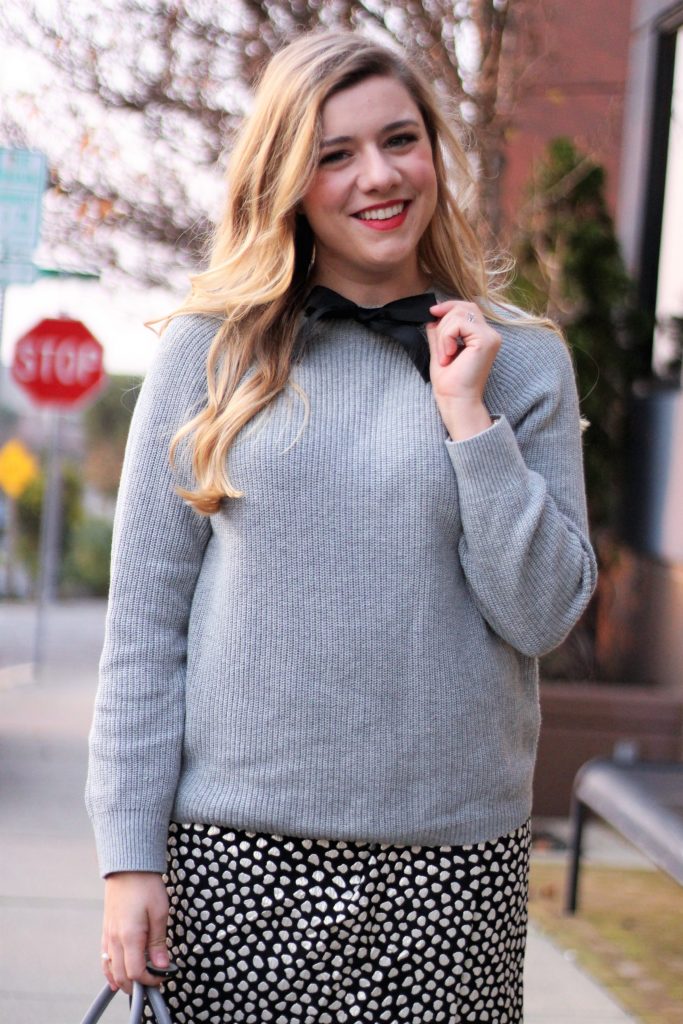 jcrew bow sweater - wearing silver for holidays - silver holiday outfit