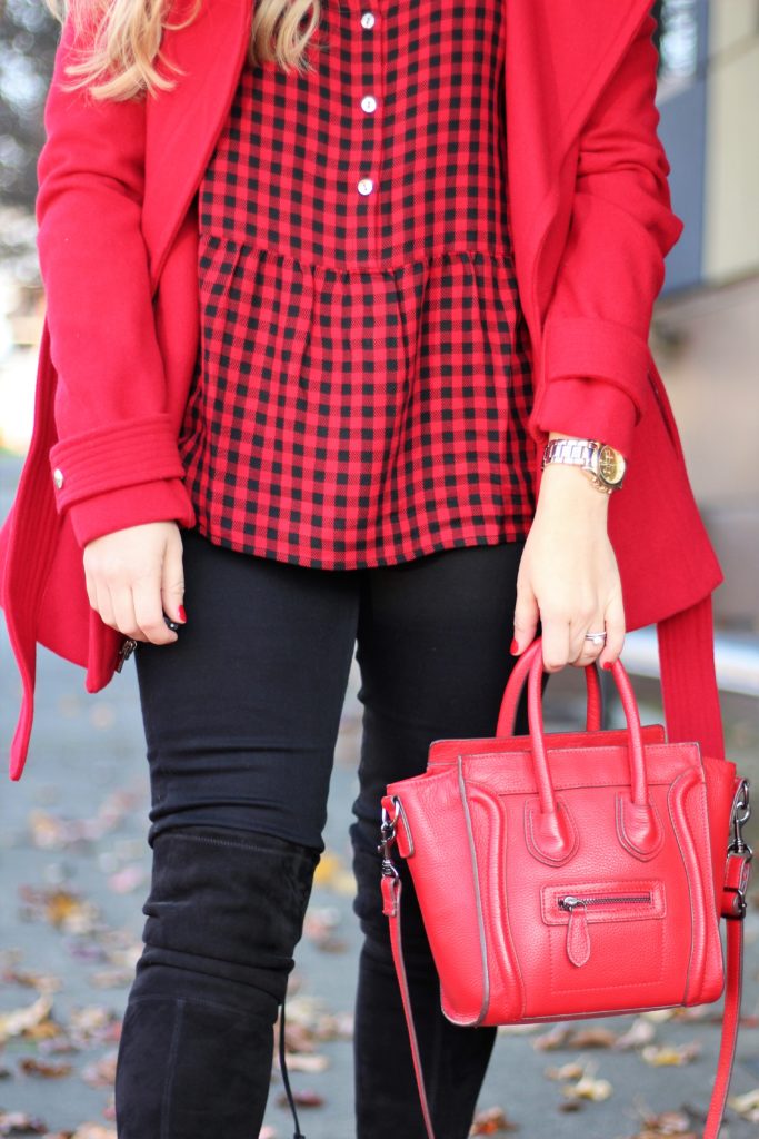 red days of christmas - red express coat - celine nano luggage look alike- chic winter outfit