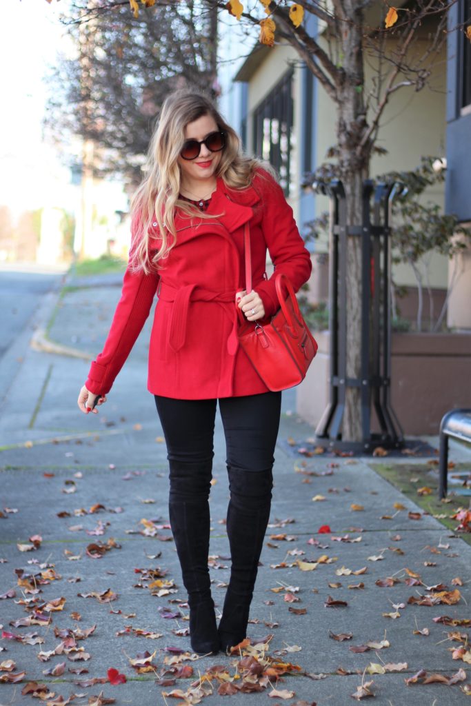 red days of christmas - red express coat - stuart weitzman highland - chic winter outfit