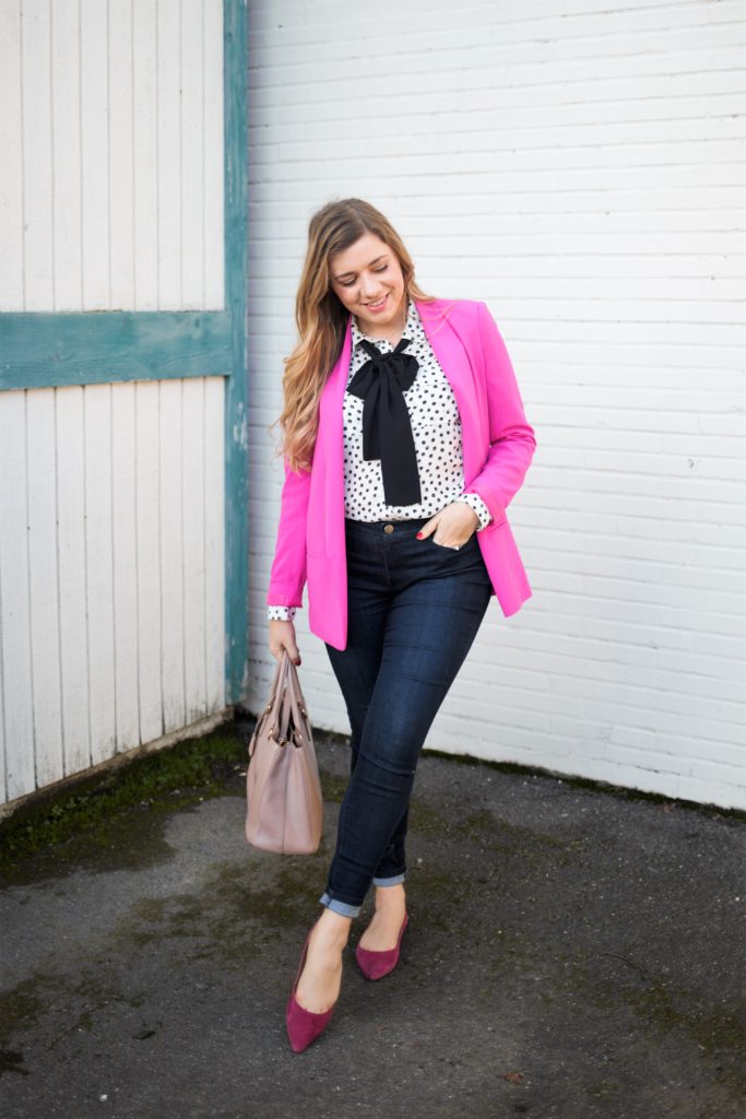 dressing for joy - j.jill denim leggings - pink valentines outfit for work - business casual valentines day outfit