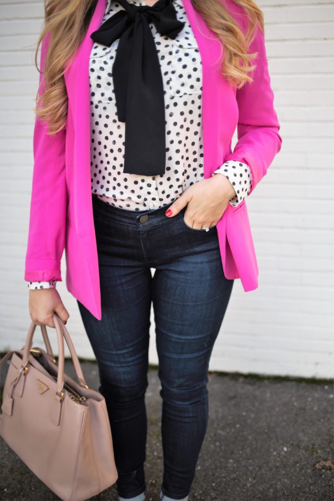 dressing for joy - j.jill denim leggings - pink valentines outfit for work - business casual valentines day outfit