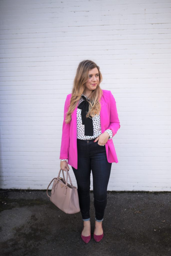 dressing for joy - j.jill denim leggings - pink valentines outfit for work - business casual valentines day outfit