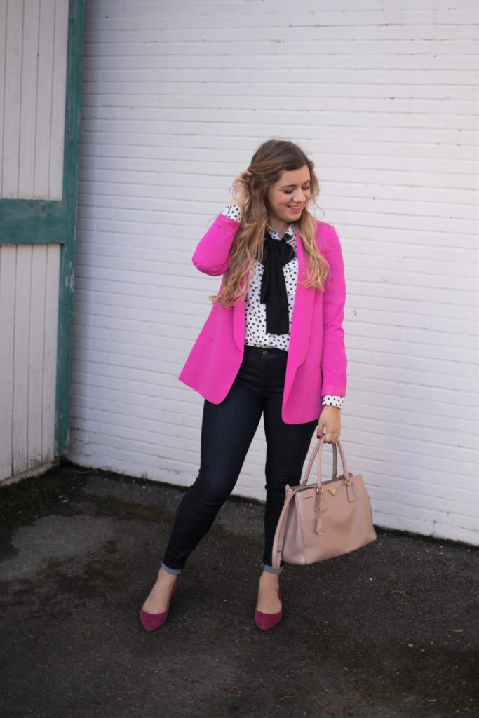 dressing for joy - j.jill denim leggings - pink valentines outfit for work - business casual valentines day outfit