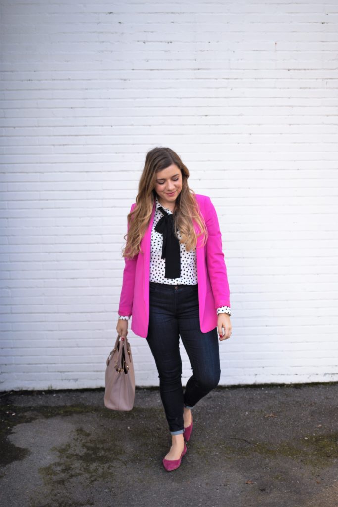 dressing for joy - j.jill denim leggings - pink valentines outfit for work - business casual valentines day outfit