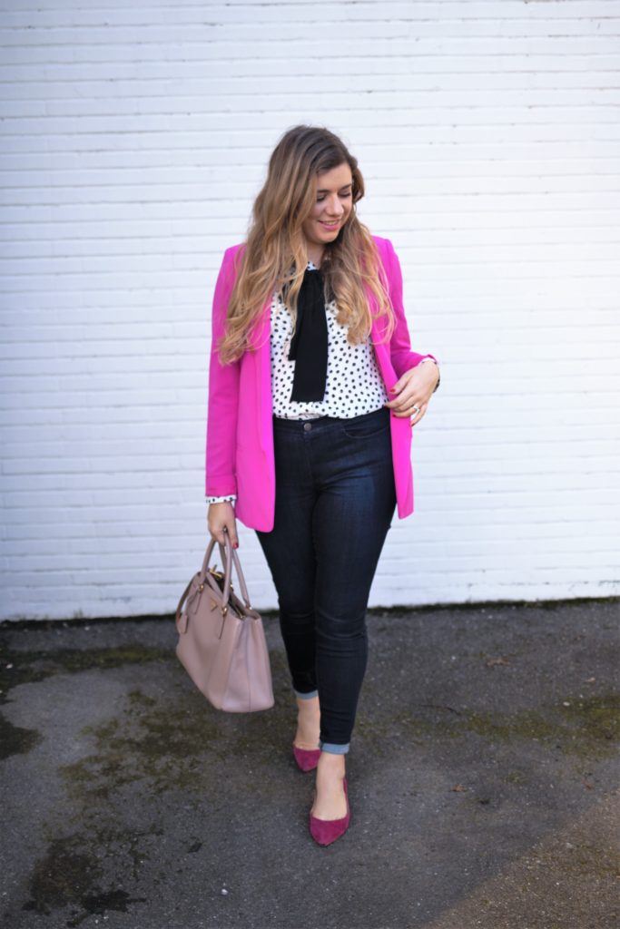 dressing for joy - j.jill denim leggings - pink valentines outfit for work - business casual valentines day outfit