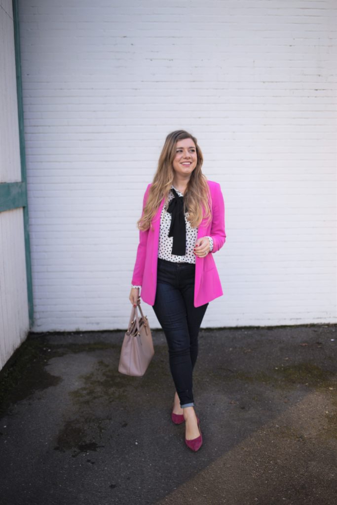 dressing for joy - j.jill denim leggings - pink valentines outfit for work - business casual valentines day outfit