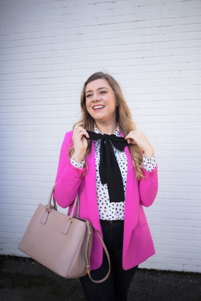 dressing for joy - j.jill denim leggings - pink valentines outfit for work - business casual valentines day outfit