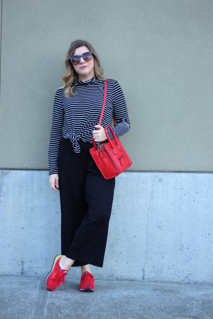 athleisure trend - why I don't wear athleisure - casual black culottes - celine luggage nano - Brooks running heritage - black white red outfit idea 2