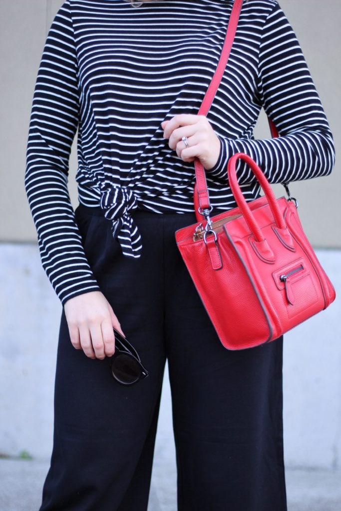 athleisure trend - why I don't wear athleisure - casual black culottes - celine luggage nano - black white red outfit idea