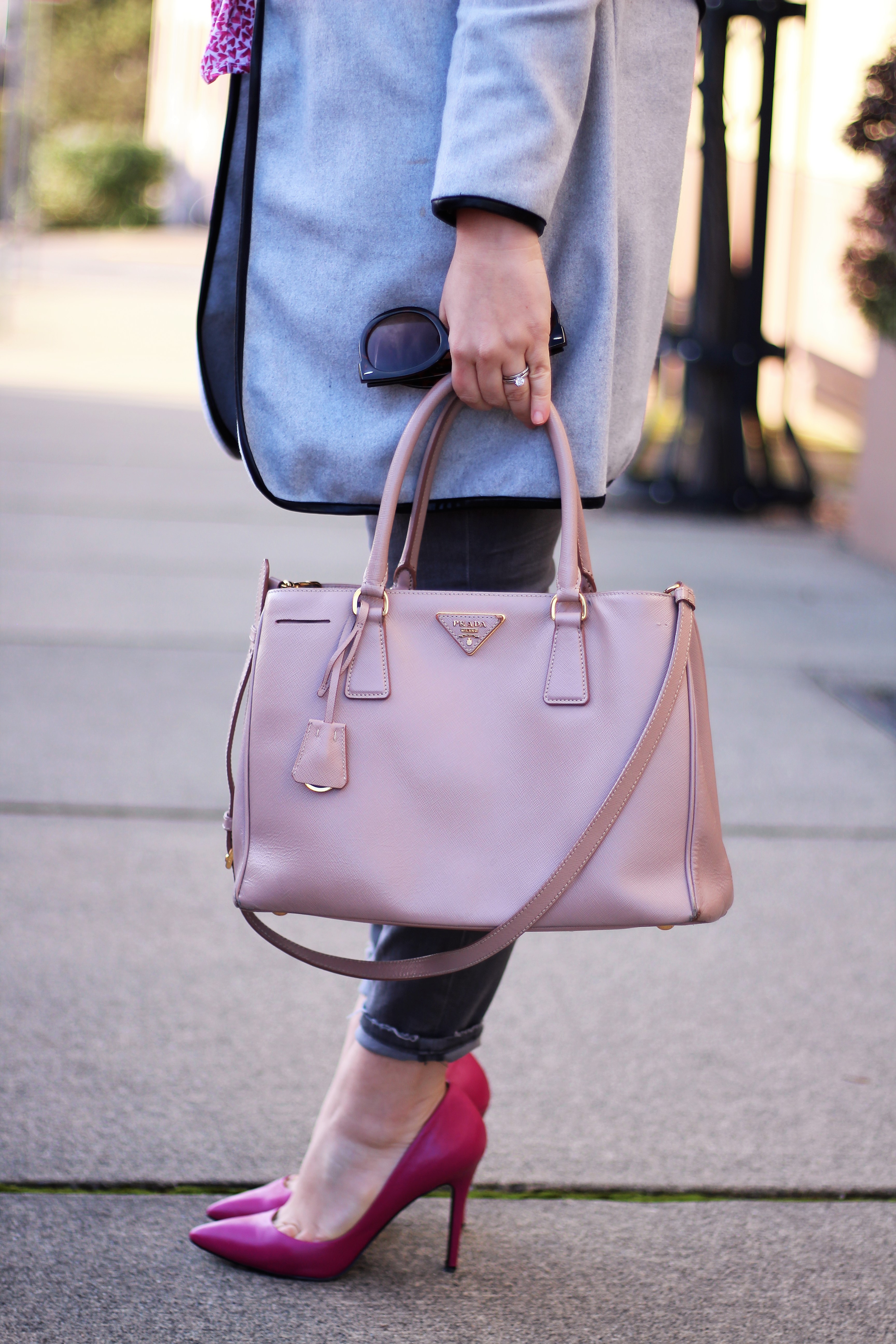 pink heels - pink prada saffriano - madewell high riser jeans