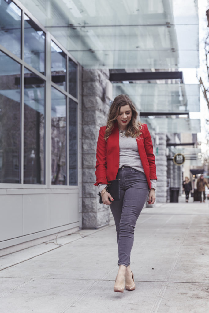 easy dressed up denim - ann taylor loft blazer - red jacket - gigi new york - madewell skinny jeans