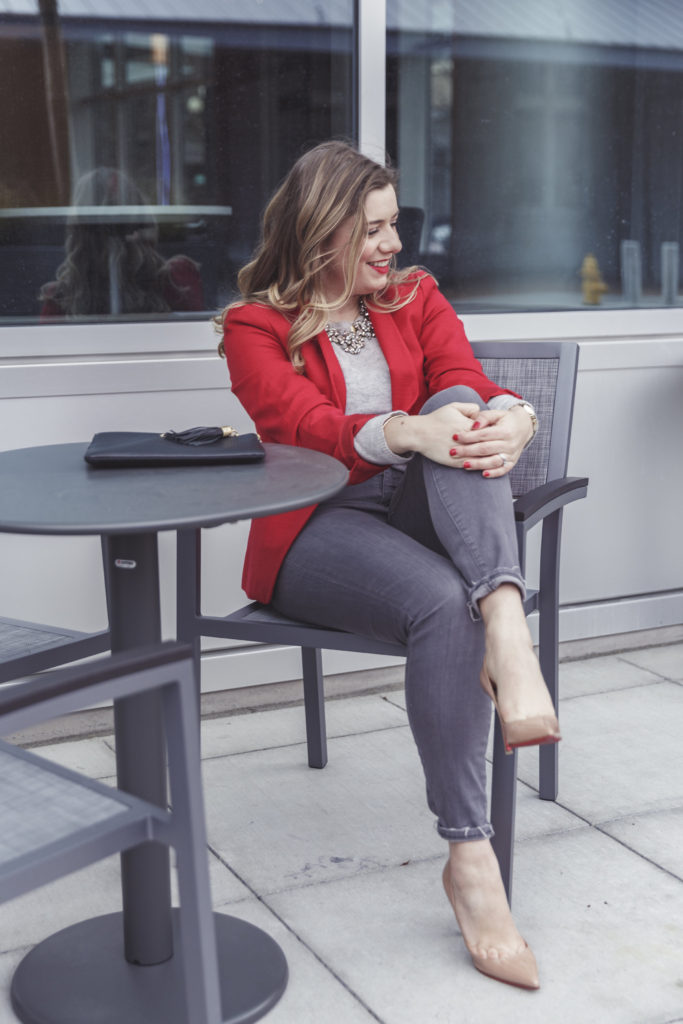 easy dressed up denim - ann taylor loft blazer - red jacket - gigi new york - madewell skinny jeans