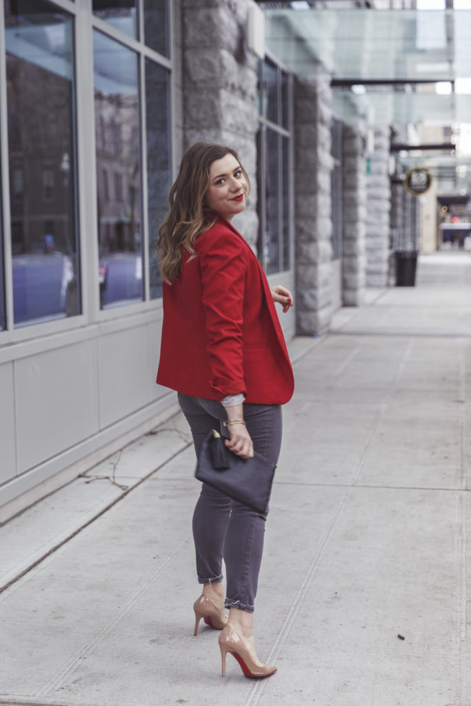 easy dressed up denim - ann taylor loft blazer - red jacket - gigi new york - madewell skinny jeans
