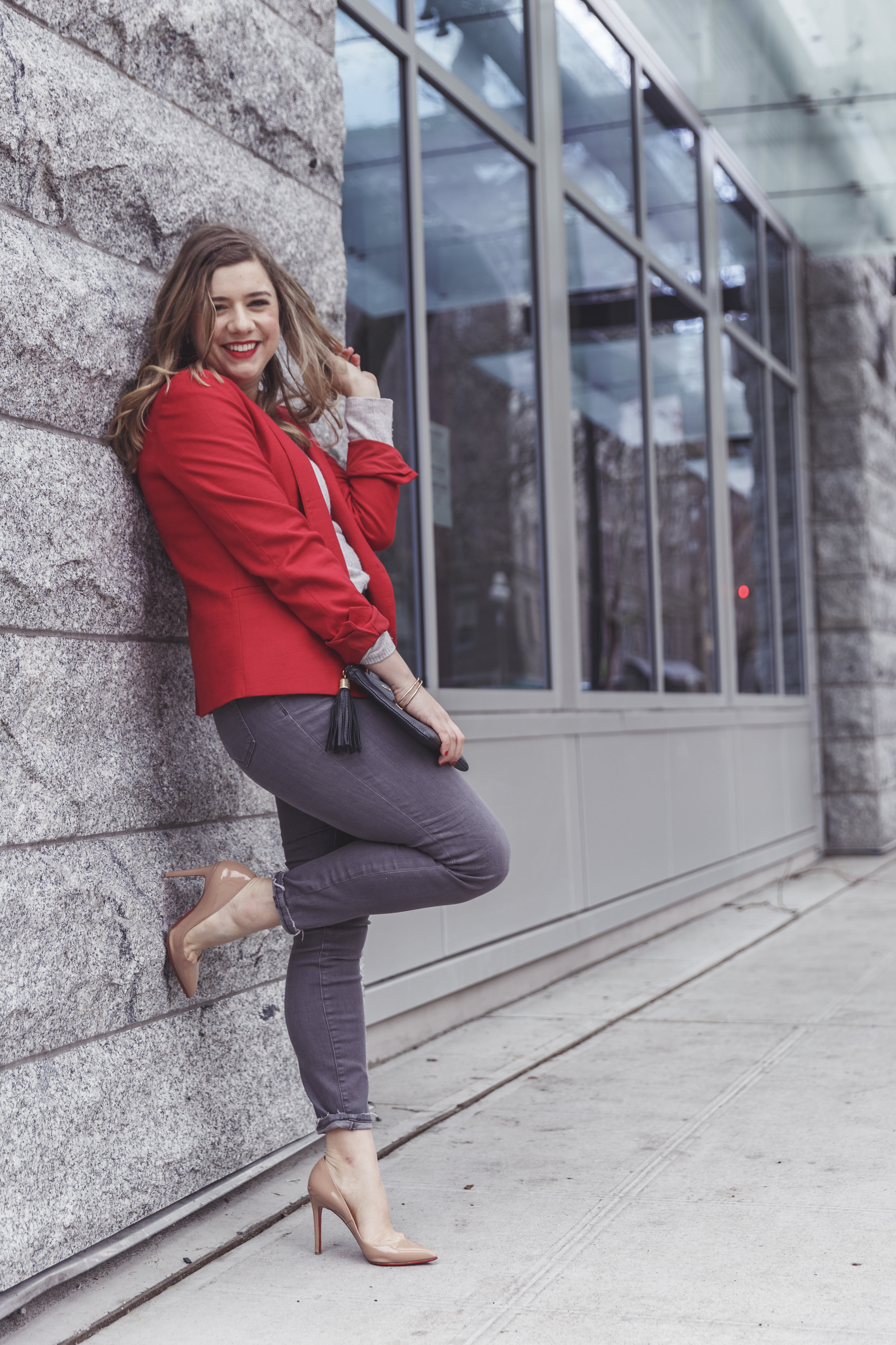 easy dressed up denim - ann taylor loft blazer - red jacket - gigi new york - madewell skinny jeans