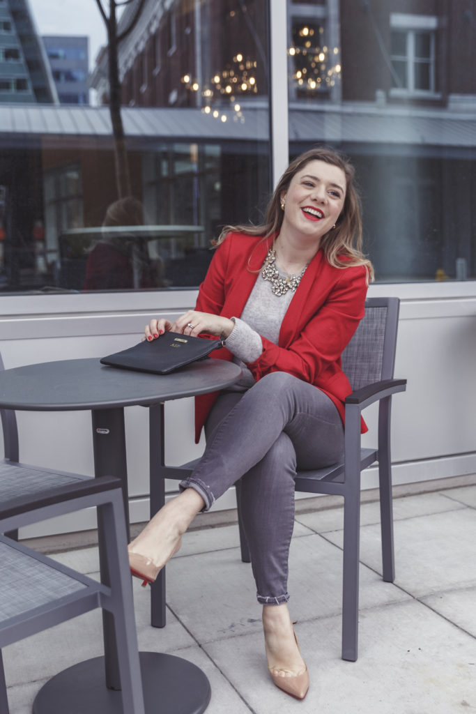 easy dressed up denim - ann taylor loft blazer - red jacket - gigi new york - madewell skinny jeans