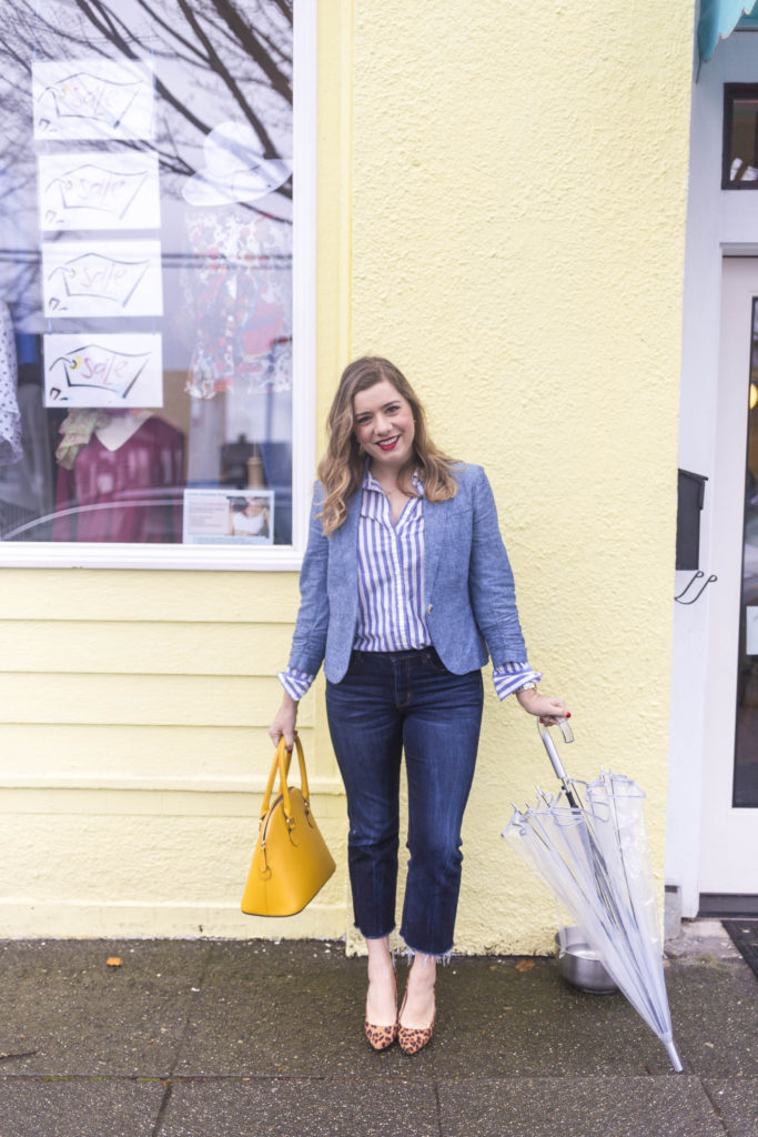 spring style essentials - chambray blazer - chambray jacket - high waist crop jeans - how to dress up denim 