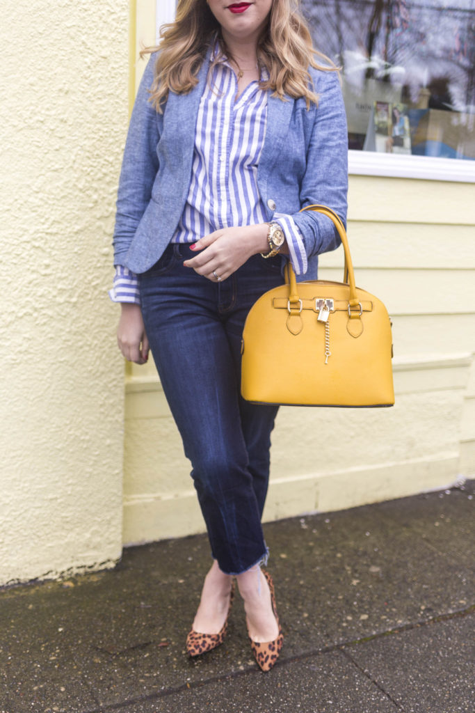 spring style essentials - chambray blazer - chambray jacket - high waist crop jeans - how to dress up denim 