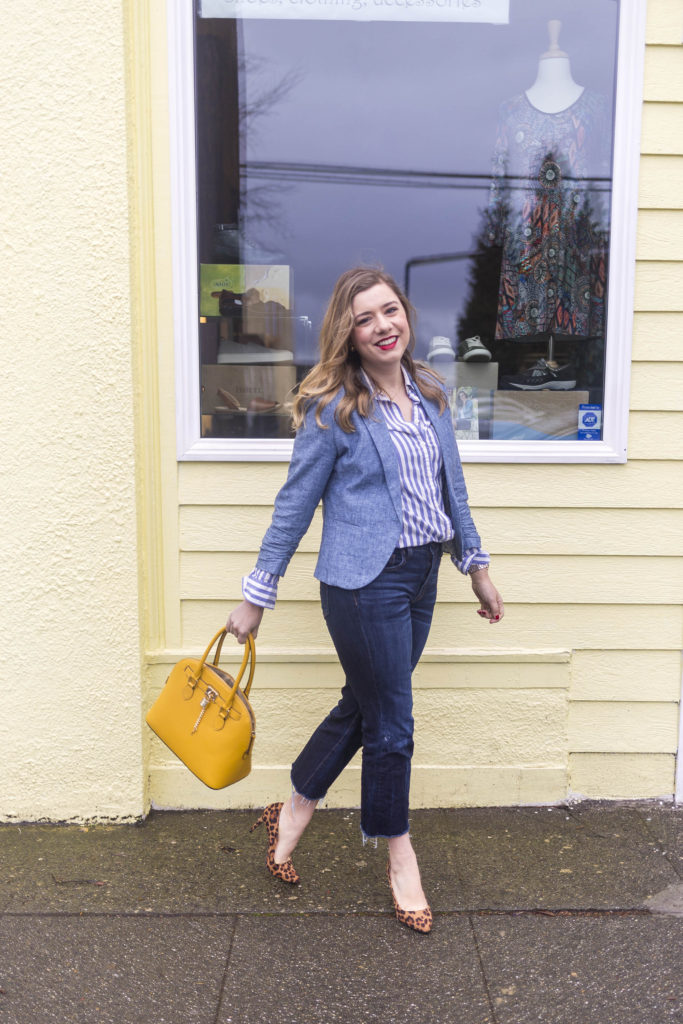 spring style essentials - chambray blazer - chambray jacket - high waist crop jeans - how to dress up denim 