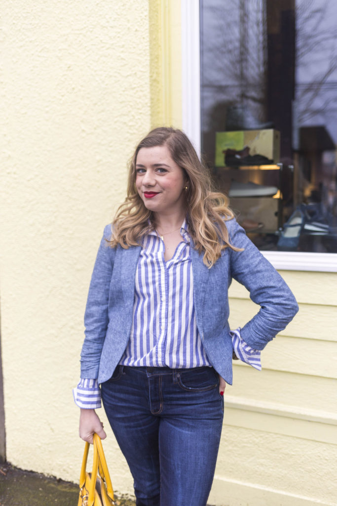 spring style essentials - chambray blazer - chambray jacket - high waist crop jeans - how to dress up denim 